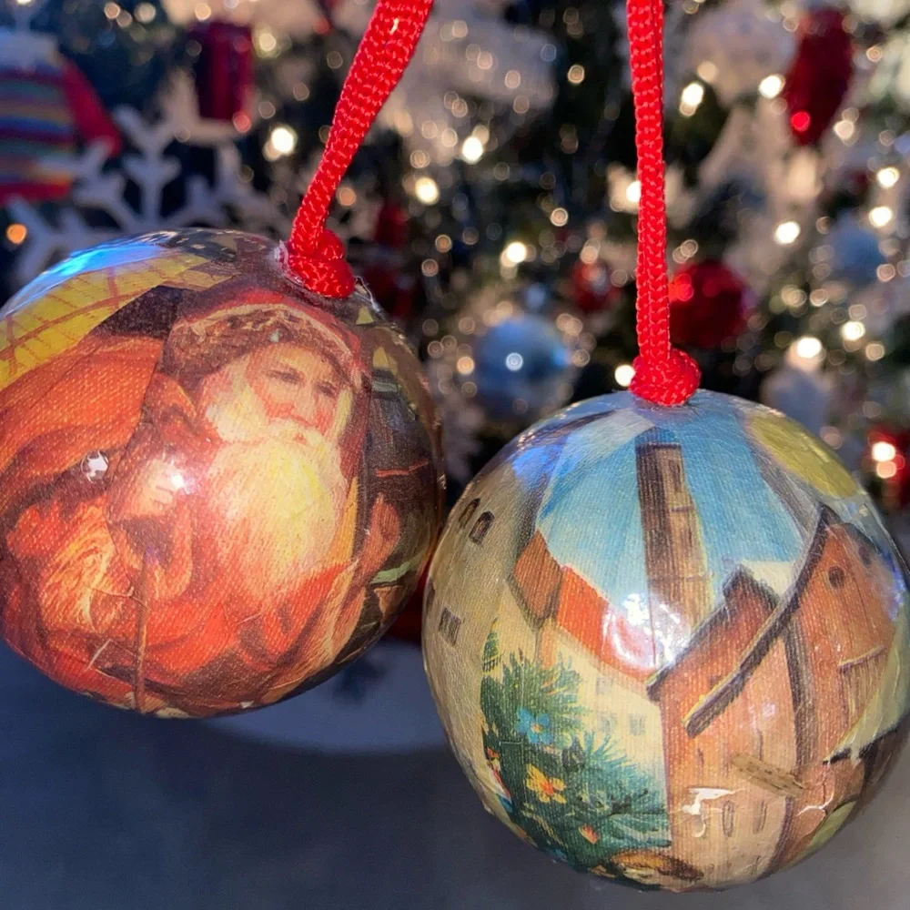 Vintage Decoupage Paper Mache Christmas Ornaments Set‎ Of 2